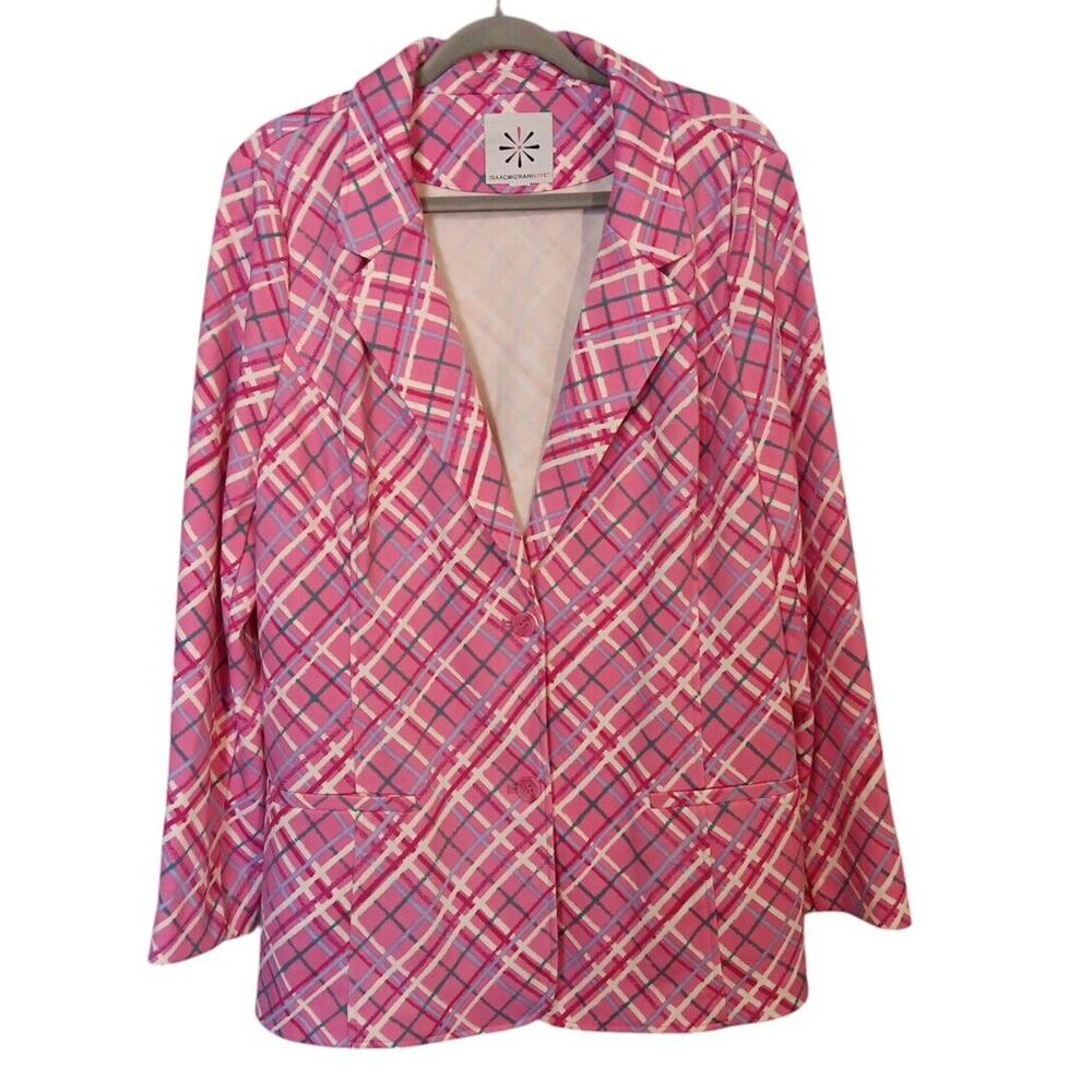Isaac‎ Mizrahi Live! Women's Stretch Pink Plaid Stripe Blazer Faux Pockets READ
